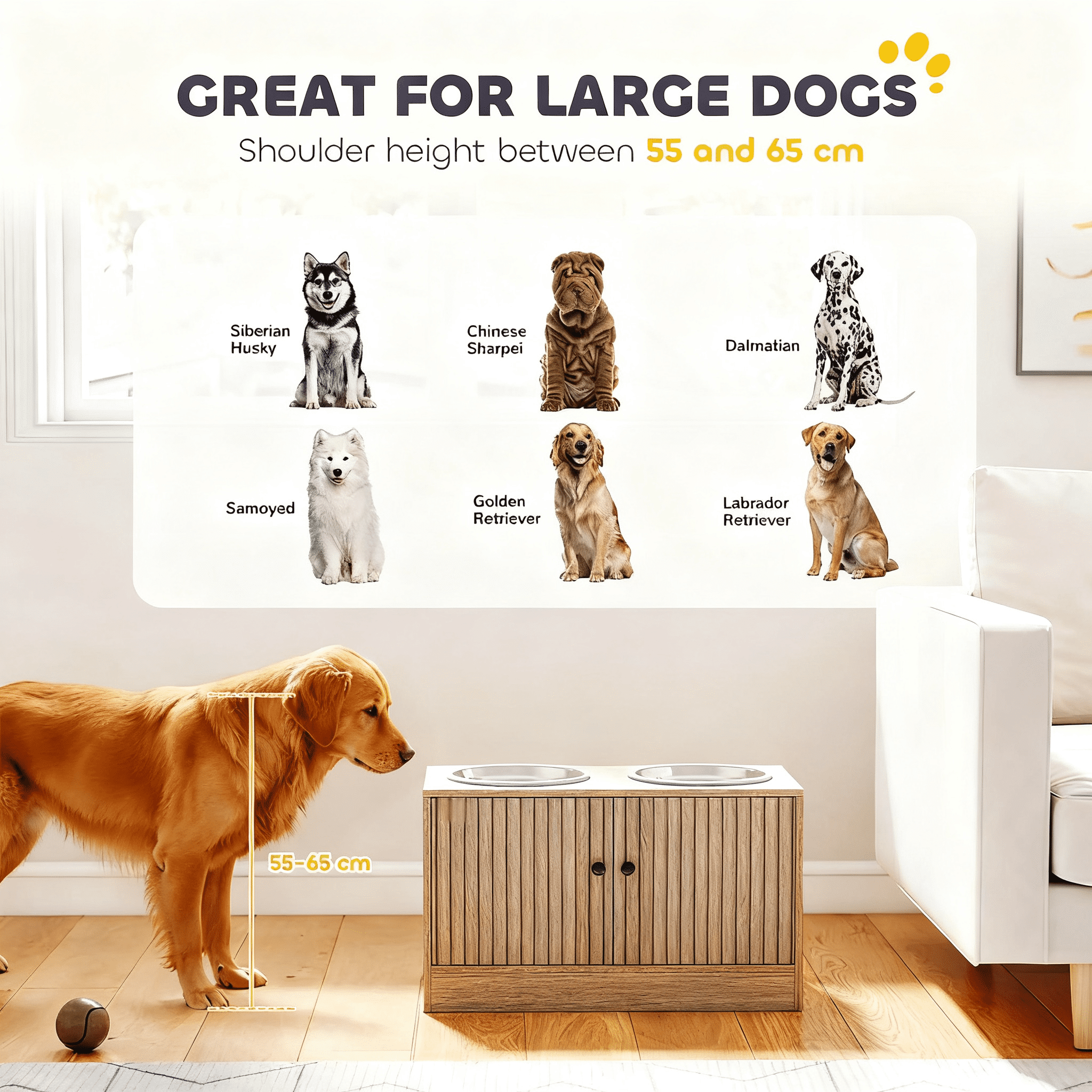 Oak Elevated Dog Feeder with 10.6 Gal Storage Cabinet, Raised Pet Bowl Stand with Slow Feeder Mat Anti-Slip Rings, for Large Dogs 21.7"-25.6" Shoulder Height