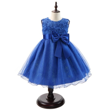 

TAGOLD Children Dress Girls Sleeveless Princess Dress Bow Tie Lace Flowers Mesh Dress Tufted Dress Dark Blue 4-5 Years