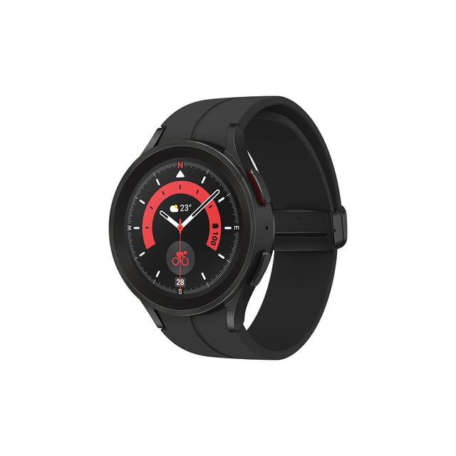 reloj inteligente samsung galaxy watch pro 5 de 45 mm lte con rastreador de cuerpo, salud, estado físico y sueño, batería mejorada, cristal de zafiro, seguimiento de ruta gps, marco de titanio, versió — Vista 3/4 frontal de smartwatch Samsung negro de 45 mm con esfera redonda deportiva que muestra indicador de ruta y actividad; bisel tipo titanio y cristal de zafiro visibles, correa de silicona negra y botones laterales sobre fondo blanco; comúnmente usado para seguimiento de sueño y medición de composición corporal según especificaciones.