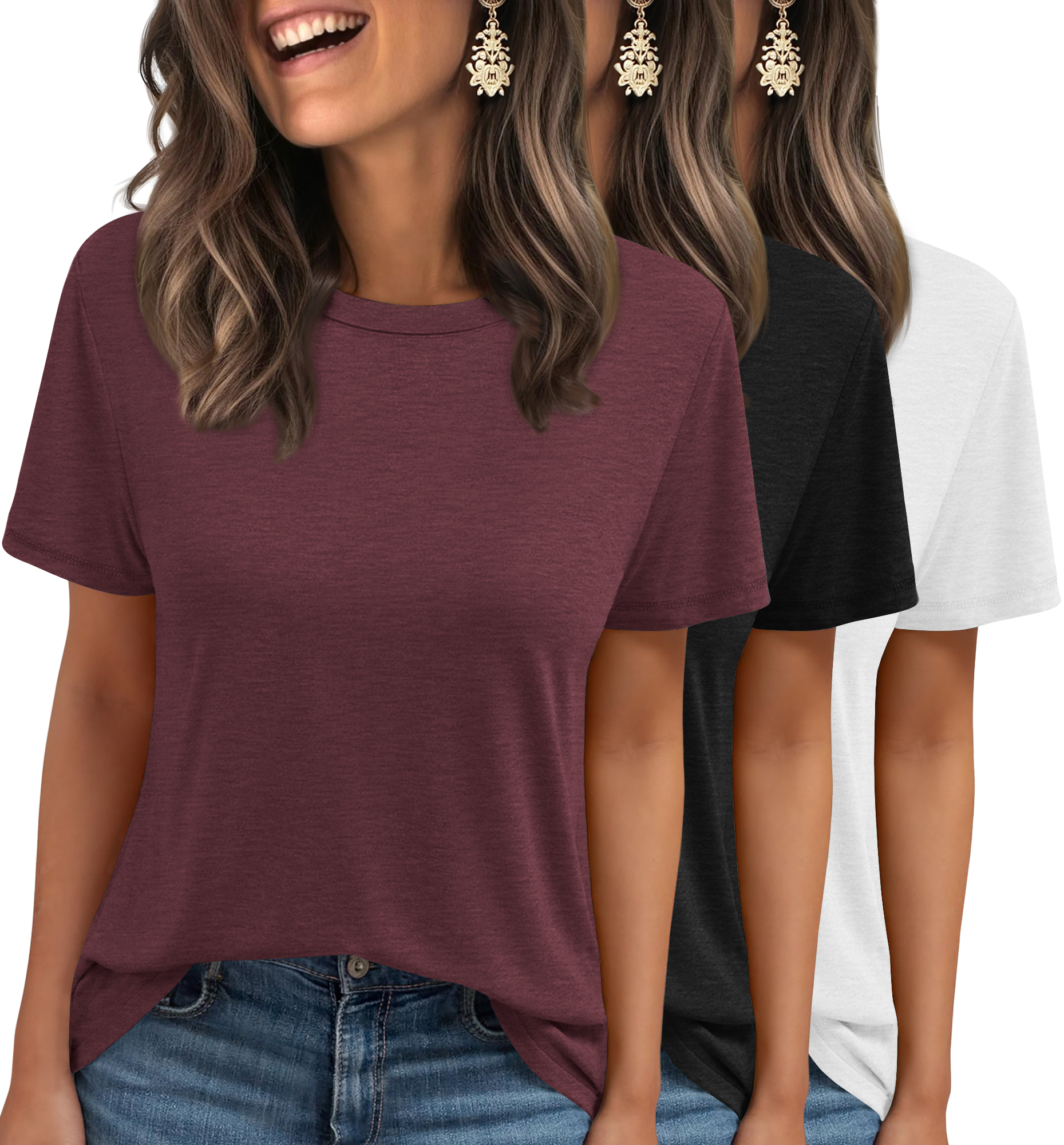 MOSHU 3 Pack T-Shirts for Women Short Sleeve Summer Womens Tops Casual Curved Hem Shirts Beach Outfits