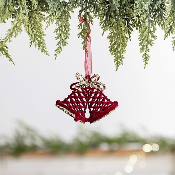 Adorno Colgante Navideño con Doble Campana y Lazo de Flocado Rojo Vino | Decoración Navideña de Poliéster de 5.1 Pulgadas | Decoración Colgante Duradera Cosida para El Hogar, Fiestas y Uso Estacional