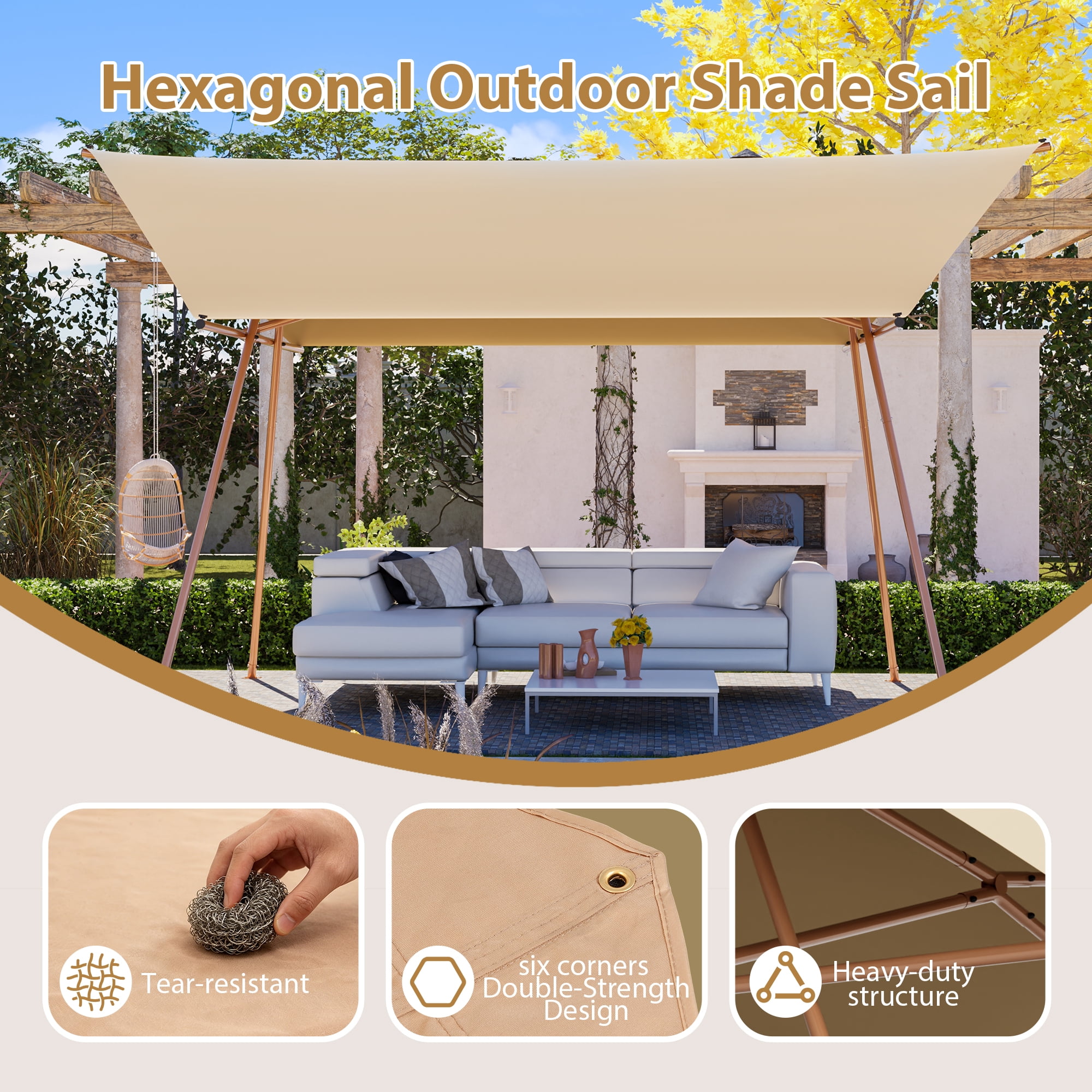 Hexagon Shade Sail, 206x118 Inch UPF50+ UV Block Sun Shade Canopy for Patio Backyard Garden Lawn Outdoor, Brown