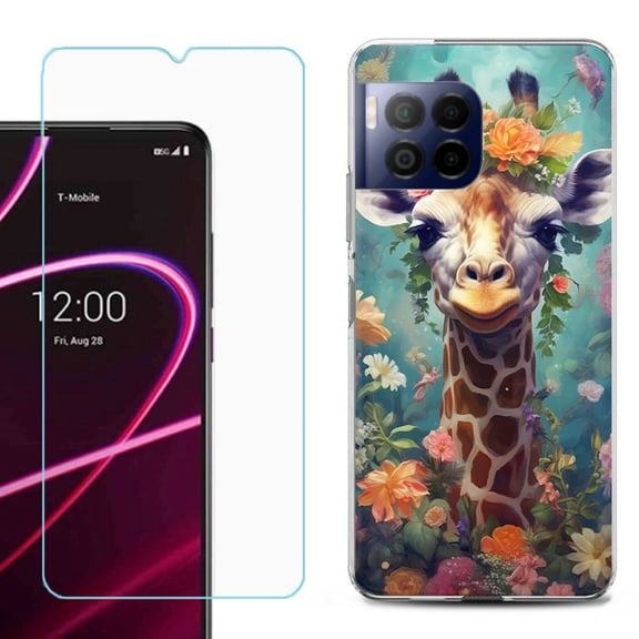 For T-Mobile Revvl 7 Pro 5G Phone Case, Shockproof Case Cover with Tempered Glass Screen Protector, by OneToughShield - Giraffe Flower