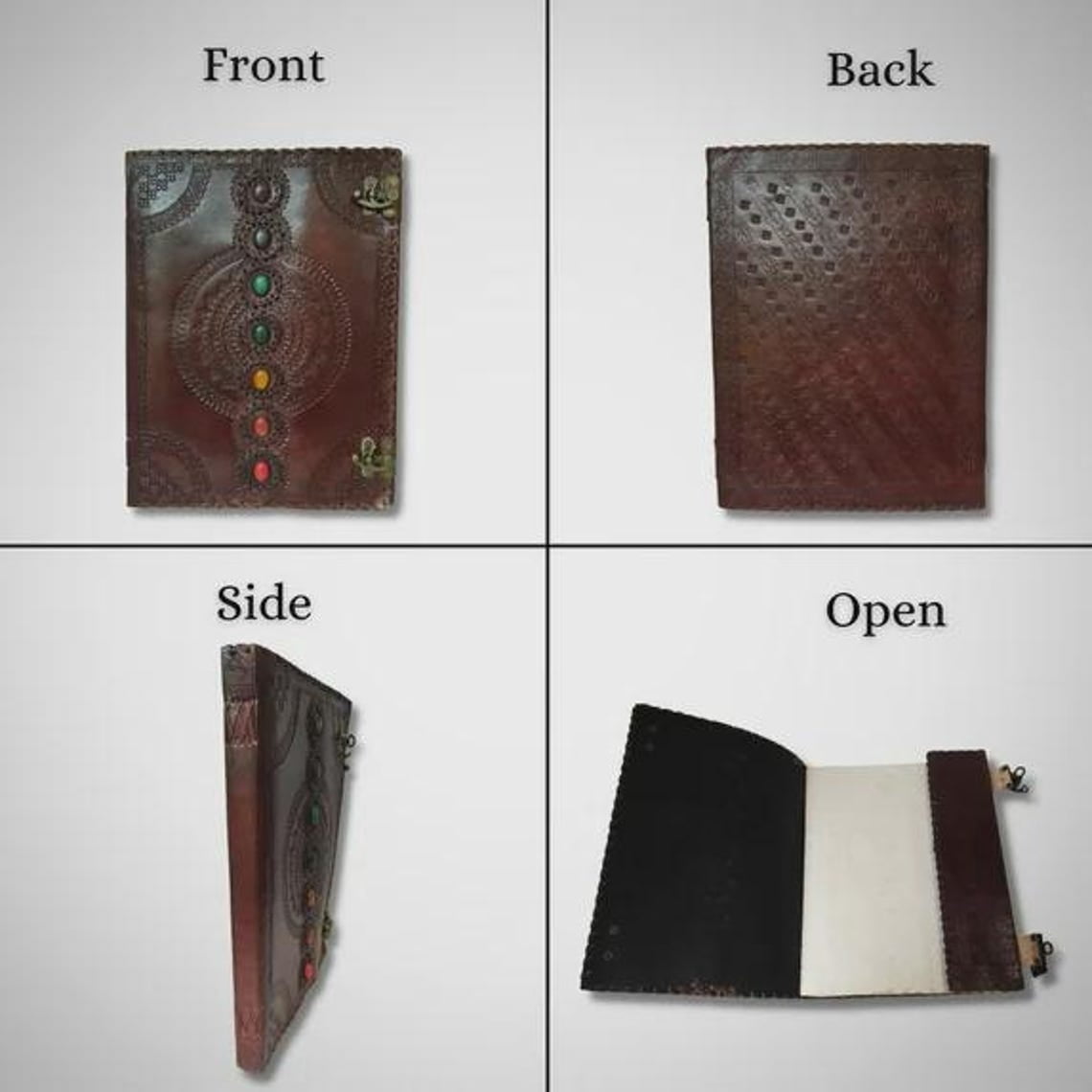 Leather Chakra Journal –Embossed Diary with Healing Gemstones, Antique Lock Notebook 240 page Spiritual Gift for Men and Women 10x8 Inch