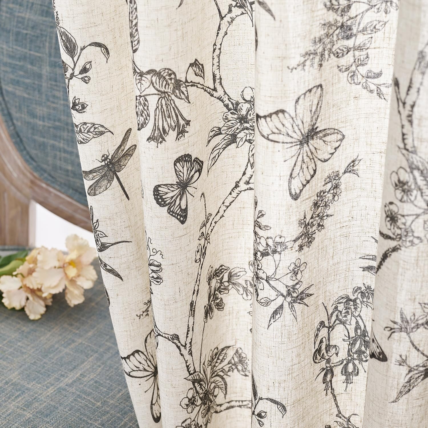 Black Floral Curtains 84 Inch Length Linen Farmhouse Curtain Back Tab Drapes for Living Room Bedroom Light Filtering Vintage Rod Pocket Curtains, 2 Panels, Black on Beige