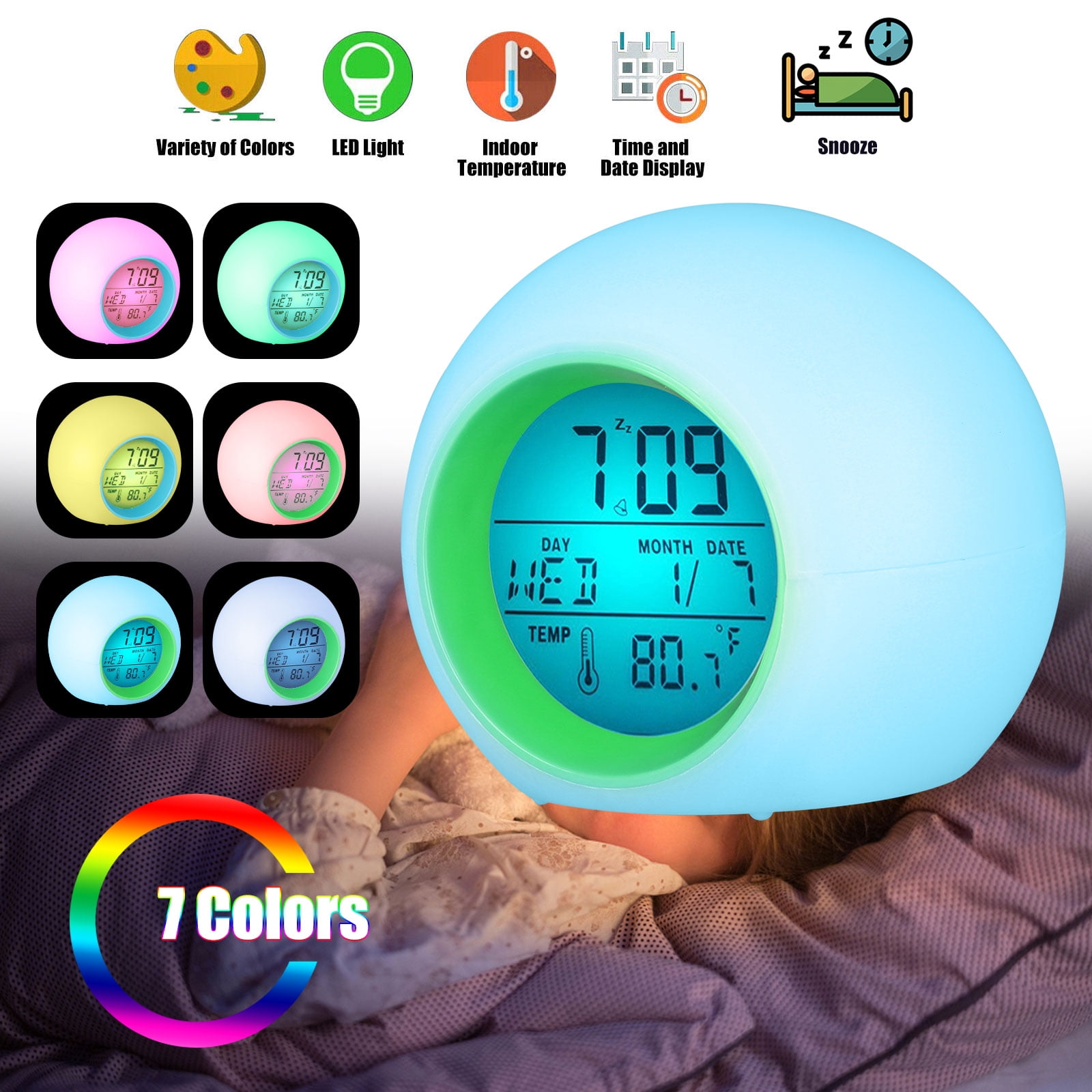 LED Alarm Clock Digital Electric 7 Color Change With Light Thermometer Desktop