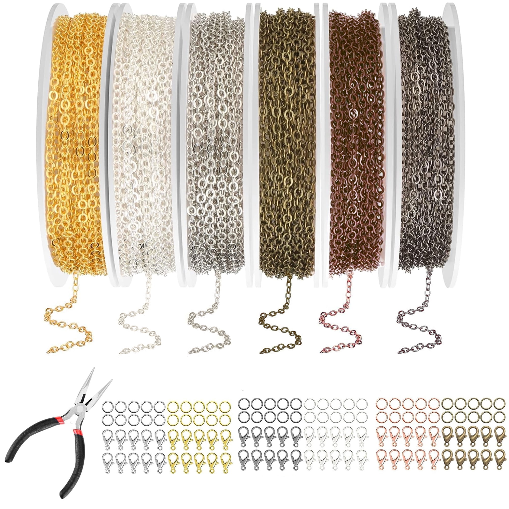 Yalumo Chain for Jewelry Making, 60ft 6 Rolls Necklace Chains for Jewelry Making DIY Necklace Bracelet Anklet with Pliers Open Jump Rings and Lobster Clasps, 6 Colors 2mm