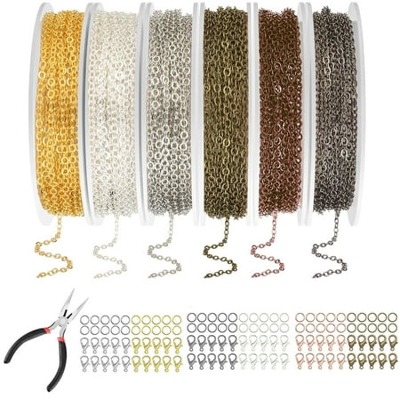 Yalumo Chain for Jewelry Making, 60ft 6 Rolls Necklace Chains for Jewelry Making DIY Necklace Bracelet Anklet with Pliers Open Jump Rings and Lobster Clasps, 6 Colors 2mm