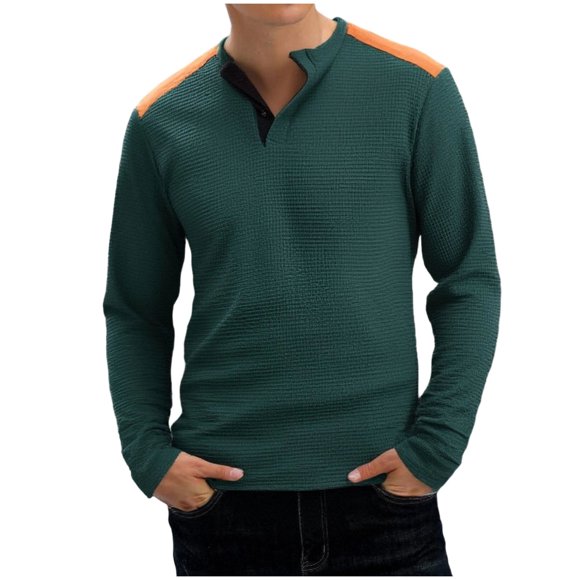 LNWUY Long Sleeve Shrits for Men Stand Collar Corduroy Sweatshirt Casual Quater Button Pullover Fashion Color Blocked Sweatshirts Green L