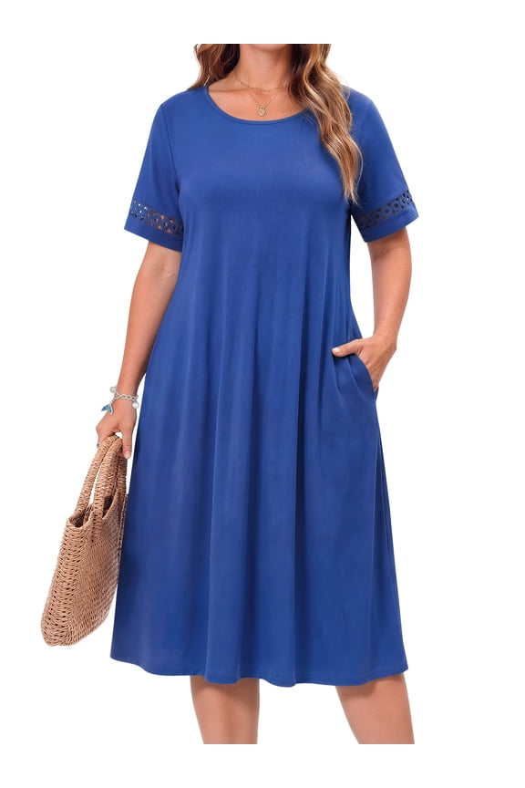 Plus Size Dresses for Women Summer Crew Neck Short Sleeve Sundresses Casual Beach Midi Dresses with pockets