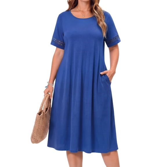 WellSize Plus Size Dresses for Women Summer Crew Neck Short Sleeve Sundresses Casual Beach Midi Dresses with pockets
