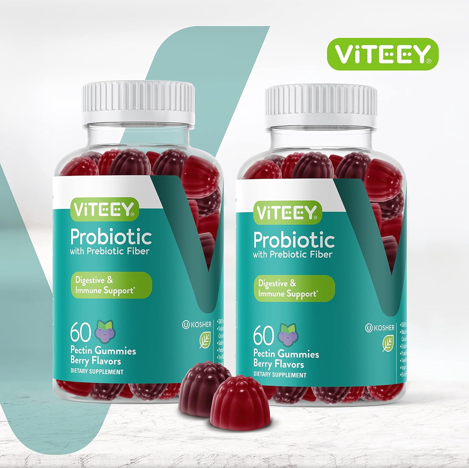 VITEEY Probiotic Gummies with Prebiotic Fiber, Gut & Immune Support, Berry Flavor 60 Count, 2 Pack