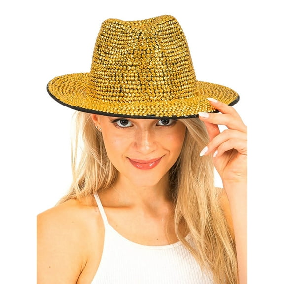 2Chique Boutique Women's Extra Bling Gold Rhinestone Embellished Wide Brim Fedora Hat
