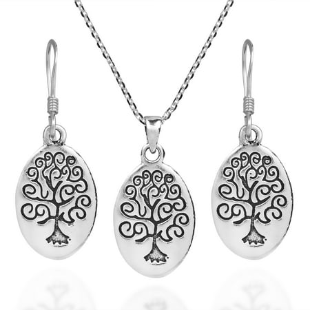 - Oval Swirl Tree of Life .925 Stering Silver Necklace Earrings Jewelry Set