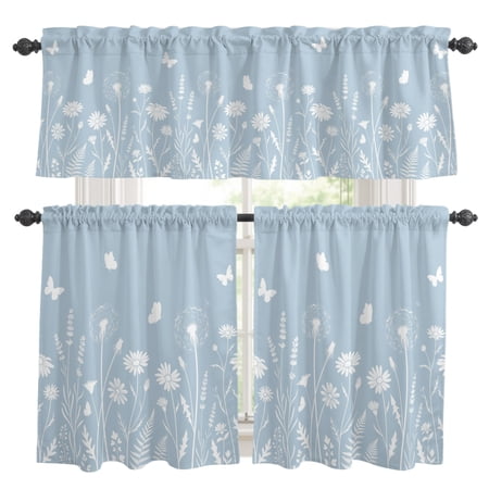 Blue Luminous Dandelions Kitchen Curtains Valances 3 Pcs Set Dramatic Artistic Flower Daisy Butterfly Leaf Rod Pocket Tier Curtain and Valance Drapes for Small Window 24 Inch Length for Bedroom Cafe