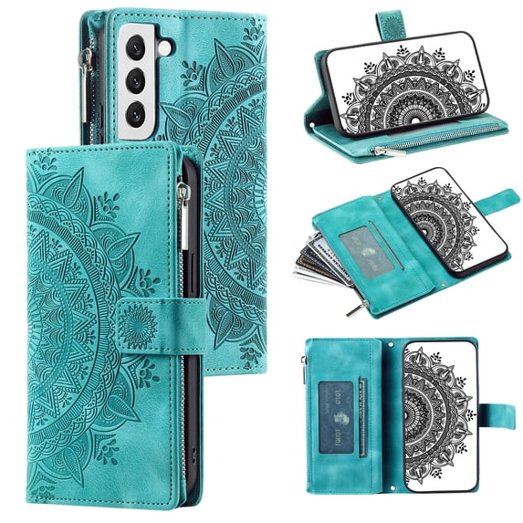 Elehold Crossbody Mandala Embossed wallet Case for Samsung Galaxy S22 5G,Premium vegan leather and inner soft slim TPU with Detachable Shoulder Strap Magnetic Flip Card Slots Wallet Case,Green