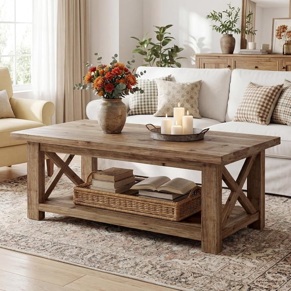 Finmind Solid Wood Coffee Table, 2-Tier Farmhouse Center Table with X-Frame Sides & Storage, Brown