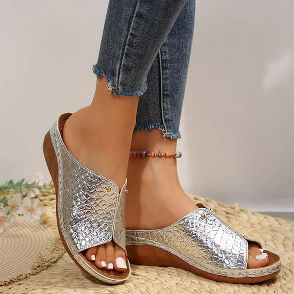 Womens Dressy Casual Shoes Croc Embossed Metallic Leather Dressy Casual Shoes Wedge Slides Office Work Party Wedding Evening formal Vacation Outfits