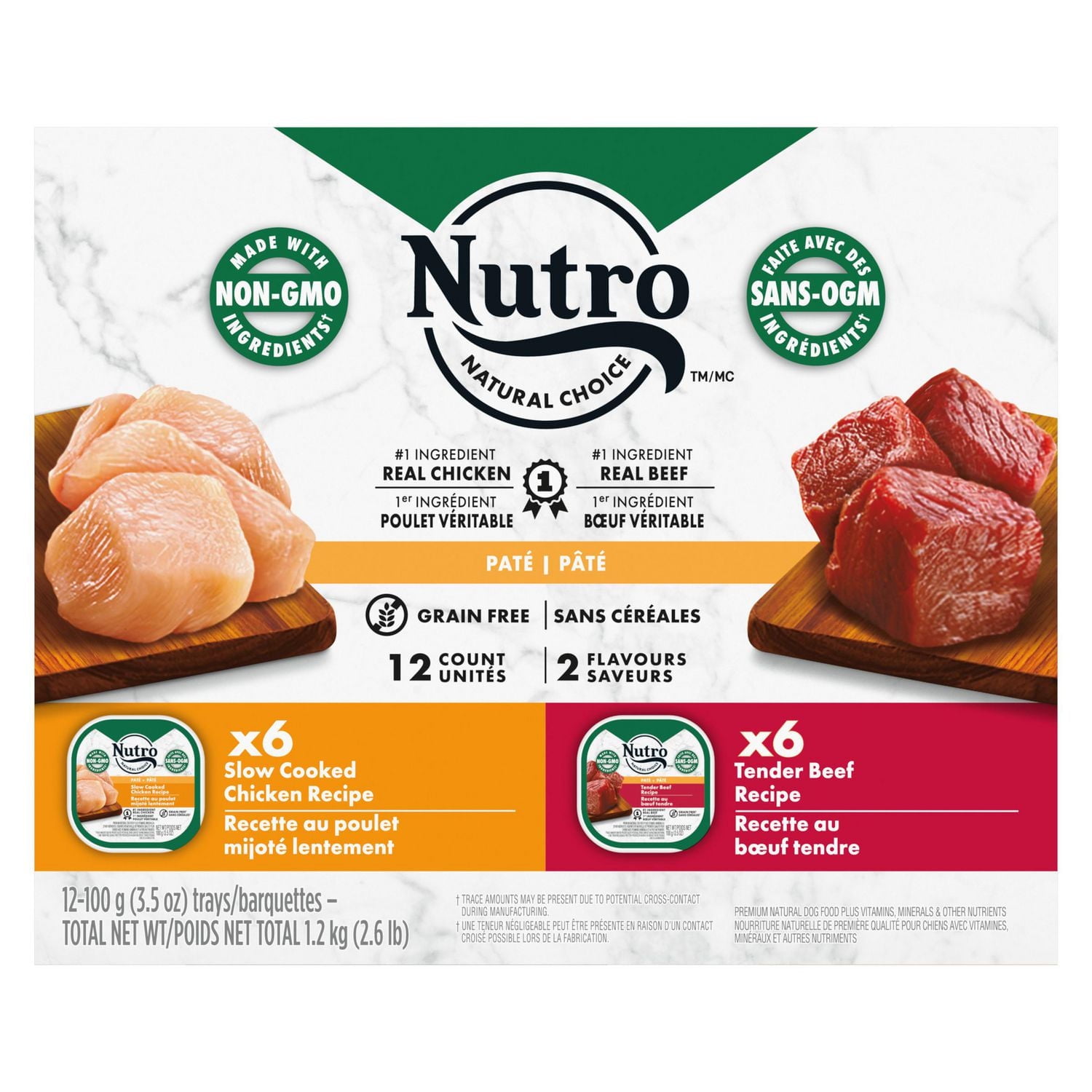 Nourriture humide sans céréales pour chiens adultes Nutro Pâté Recette avec bœuf, patates douces et carottes et Recette avec poulet, pommes de terre, carottes et petits pois