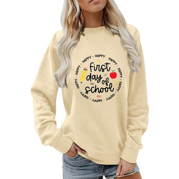 Holzkary Teacher Sweatshirt for Women Sweatshirt for Fall Winter Tops Long Sleeve Shirts Oversized Tshirts Round Neck Colorful Teacher Crewneck Sweatshirt Teach Long Sleeve Pullover Shirt Tops Beige L