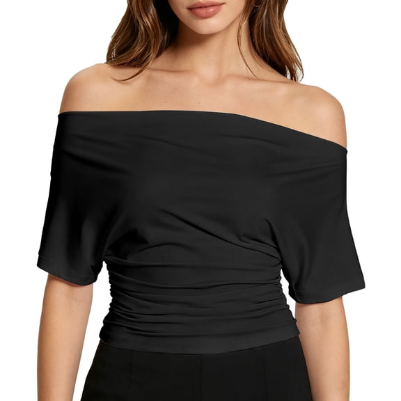 Angala Womens Tees Solid Short Sleeve Blouse Off Shoulder Neck Summer Slim Fit Fashion Elegant Party Dailywear Ladies T Shirts Size L Black