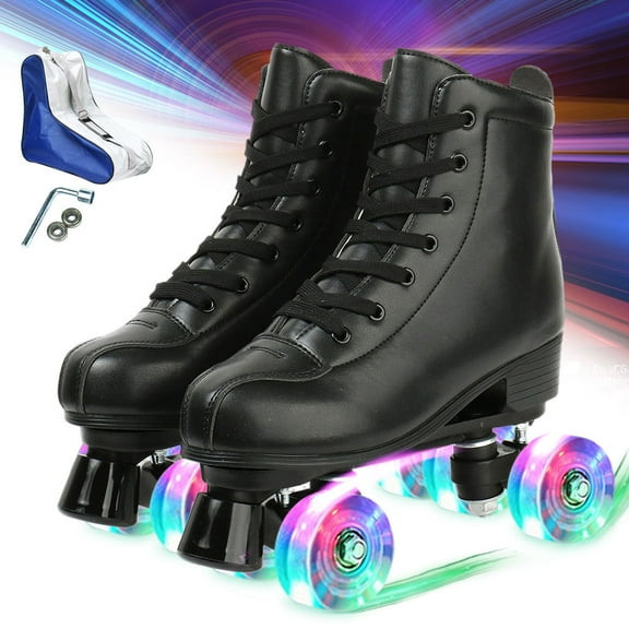 MEIMESH Classic Roller Skates High-Top Double-Row Shiny Wheels Roller Skates Soft Leather Roller Skates for Women and Men,Black, Women's 8.5 & Men's 7