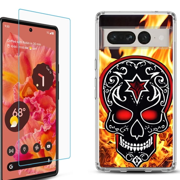 Shockproof Bumper Phone Case for Google Pixel 7, with Tempered Glass Screen Protector, by OneToughShield - Skull Flames