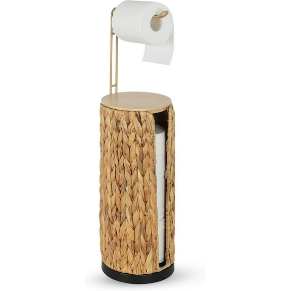 Freestanding Toilet Paper Holder with Storage,3 Rolls of Tissue Holder for Bathroom,Handmade Woven Toilet Paper Roll Holder Stand,Water Hyacinth Boho Bathroom Decor Farmhouse Toilet Paper Storage
