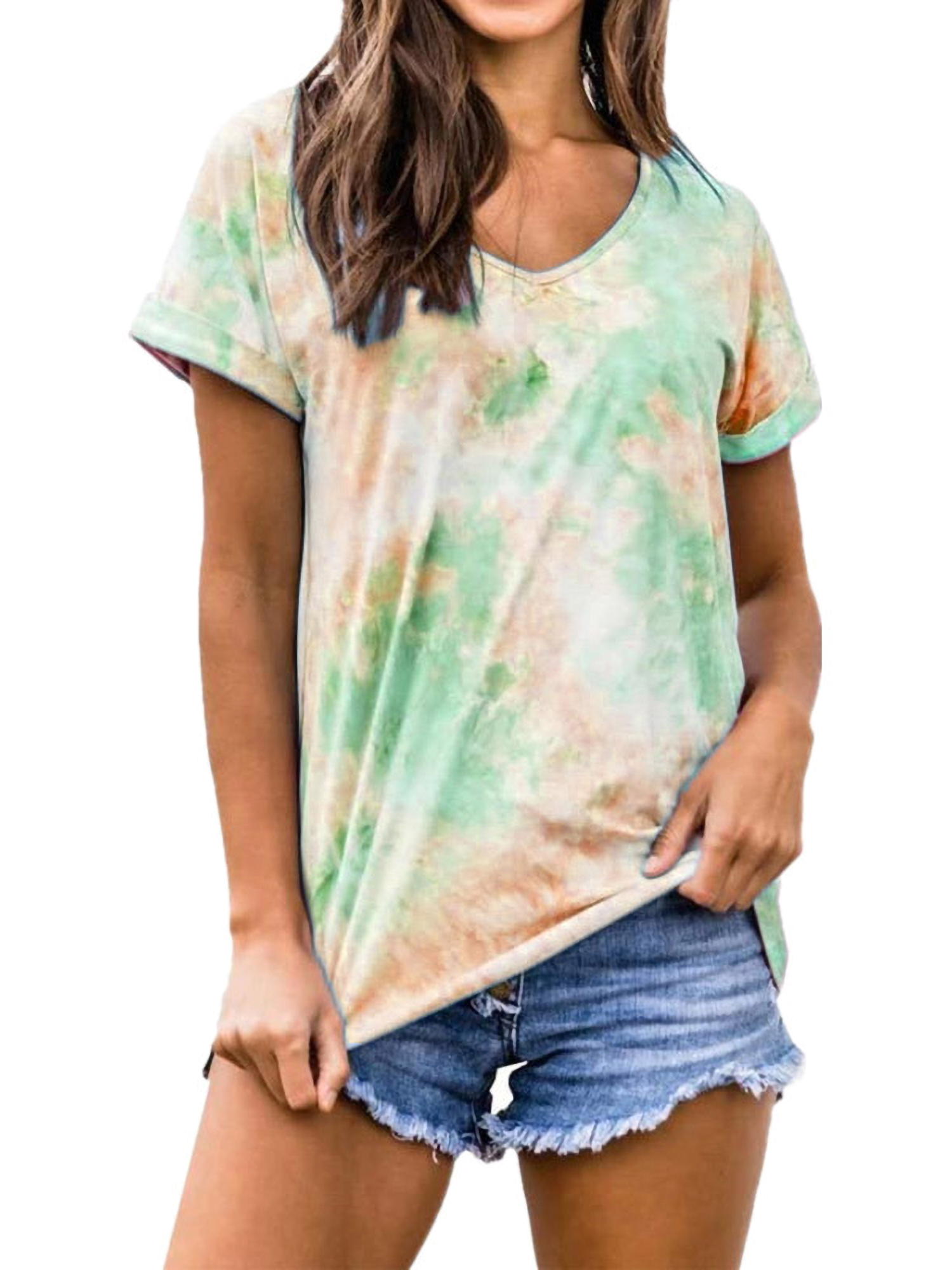 Sexy Dance Fashion Womens Short Sleeve Tie Dye Loose T Shirt V Neck