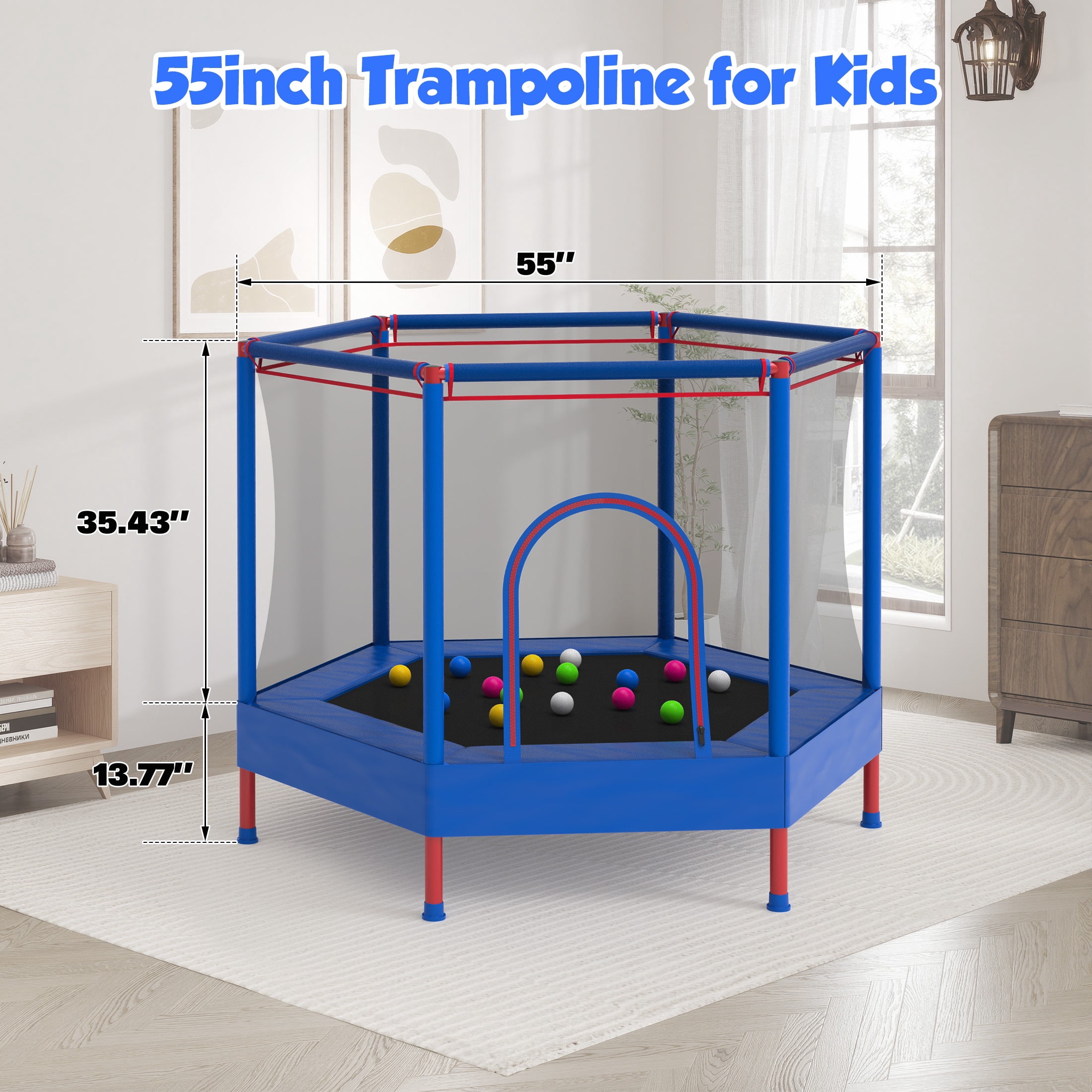 Mini Trampoline for Kids with Safety Enclosure Net, 55" Toddler Trampoline with No-Gap Safe Design, Segmart Recreational Trampolines for Birthday Gifts, Rebounder Trampoline with Ocean Balls
