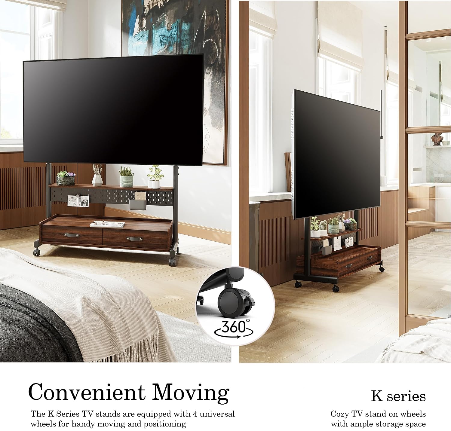 FITUEYES Rolling TV Stand for 70–100 Inch TVs, Black & Walnut, Drawers & Pegboard