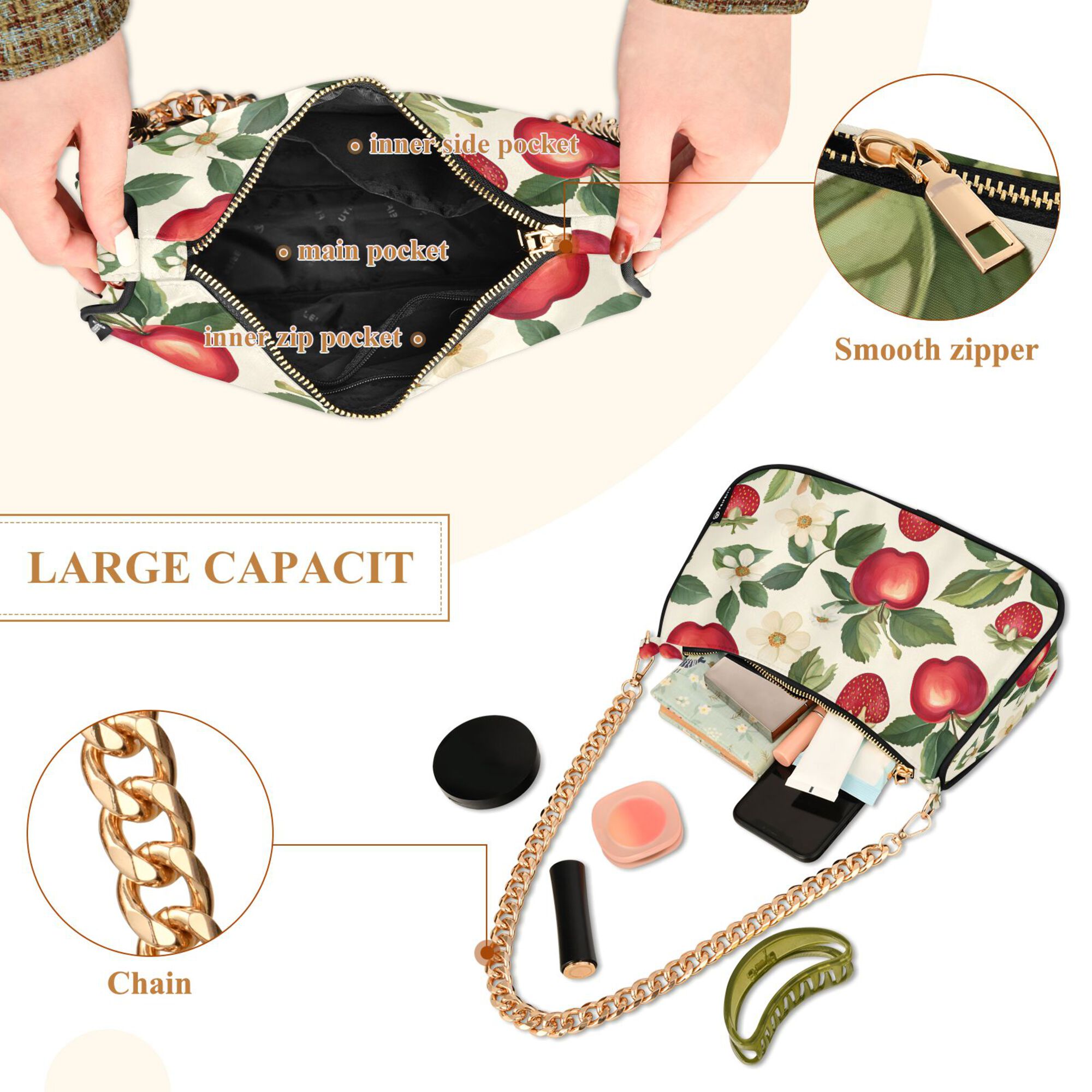 FORMRS Womens Shoulder Bag with Chain Strap Clutch Purse Cute Tote Handbag, Apple Leaves Pattern