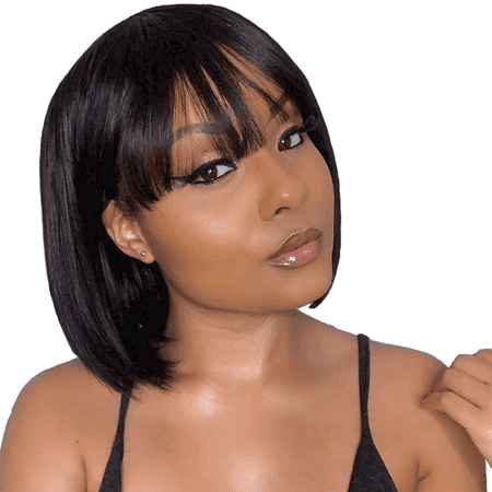 Straight Short Bob Wigs With Bangs Human Hair wigs For Black Women Machine 14in