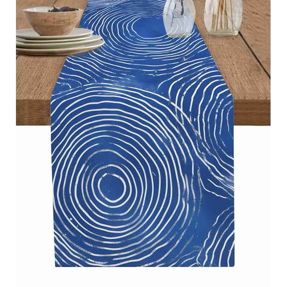 Blue Geometric Table Runner Cotton Linen 60 Inch Holiday Dresser Scarves, Modern Minimalism Abstract Striped Tablerunner for Kitchen Coffee Dining Bedroom Living Room Dinner Scarf Décor 13''x60''