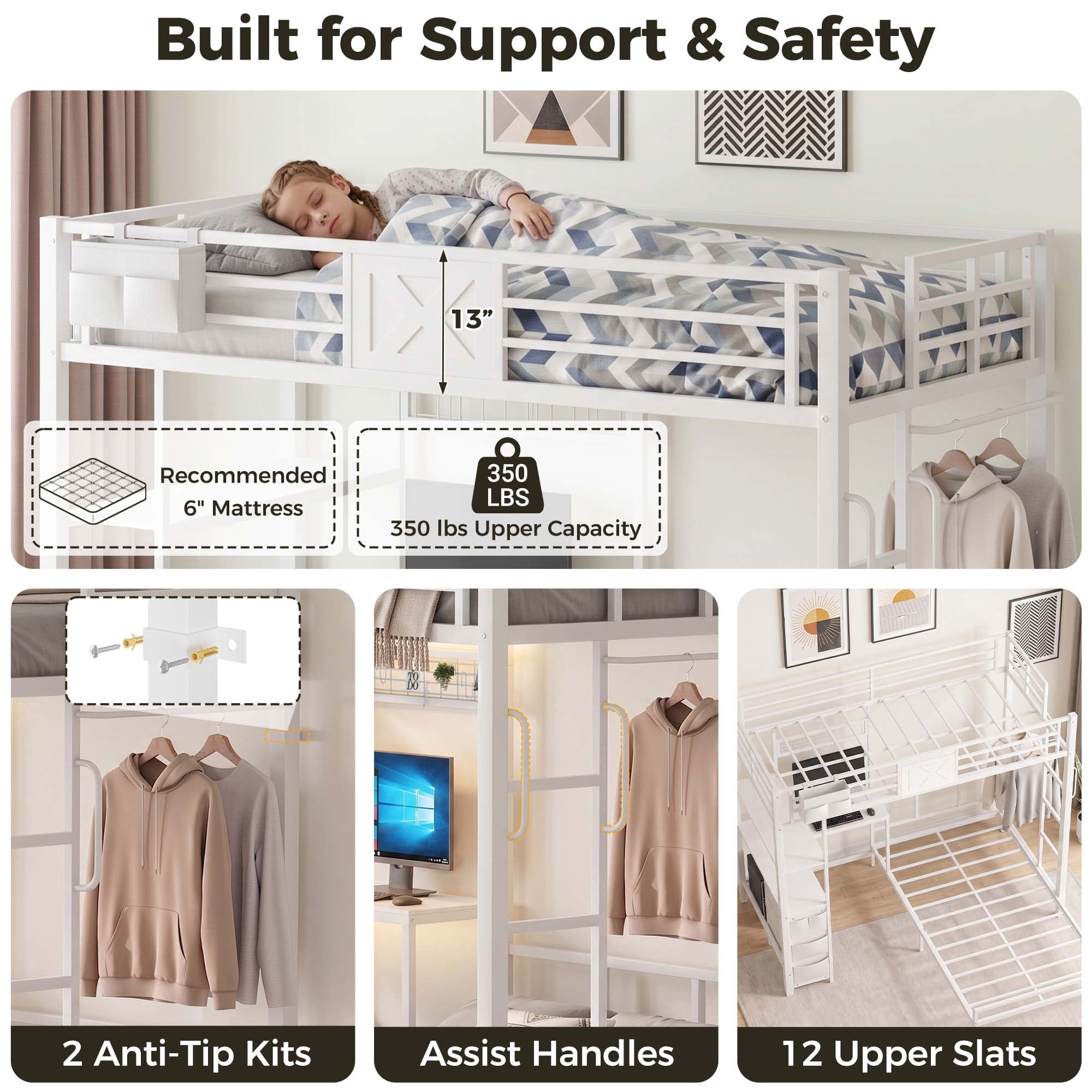 Miniyam Twin XL Over Twin Metal Bunk Bed with L-Shaped Desk, Storage, RGB LED Light and Charging Station, White