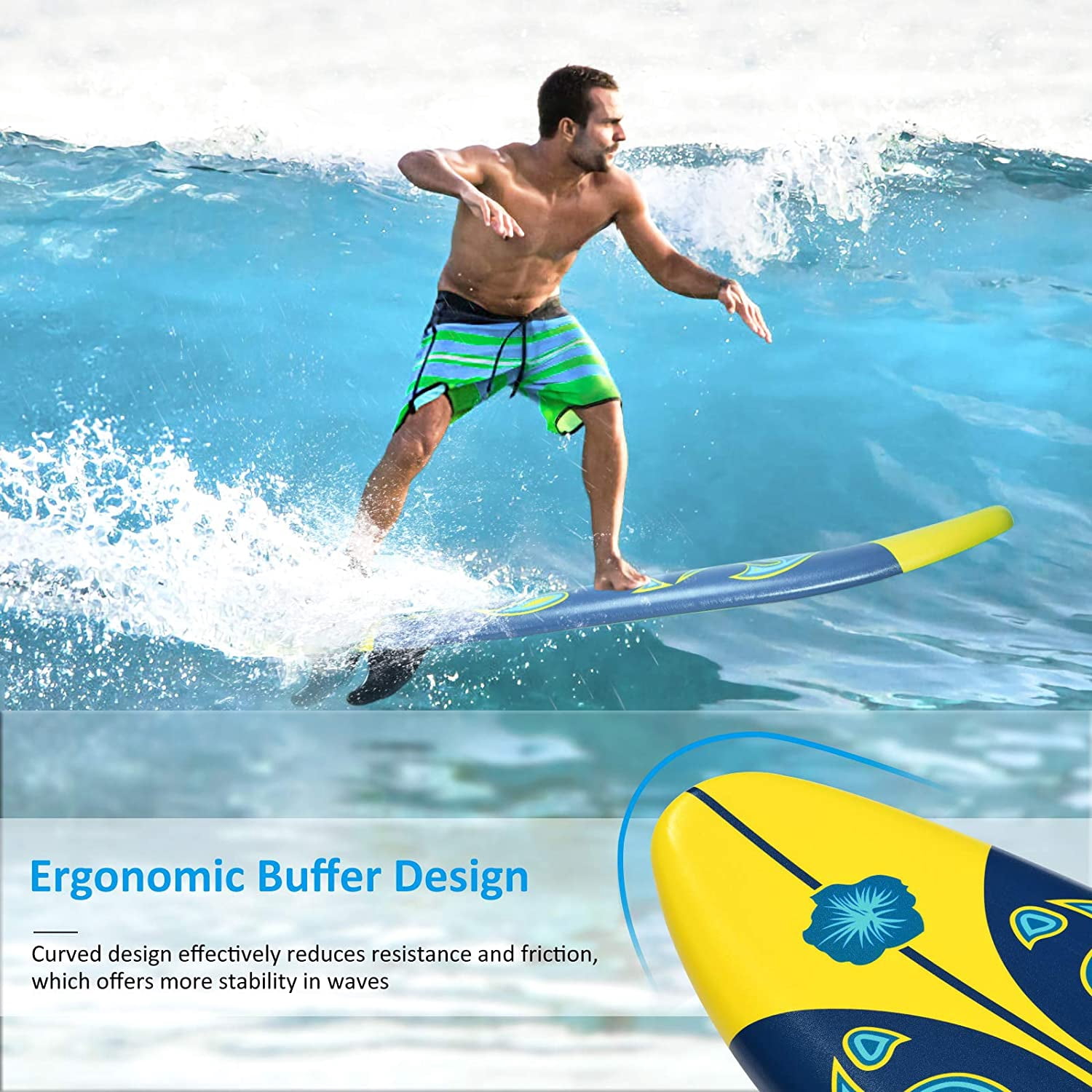 6' Surfboard, Surfing Board with 3 Removable Fins, Safety Leash, EPS Core & EPE Deck, Lightweight Surf Board for Teenagers, Adults, Beginners