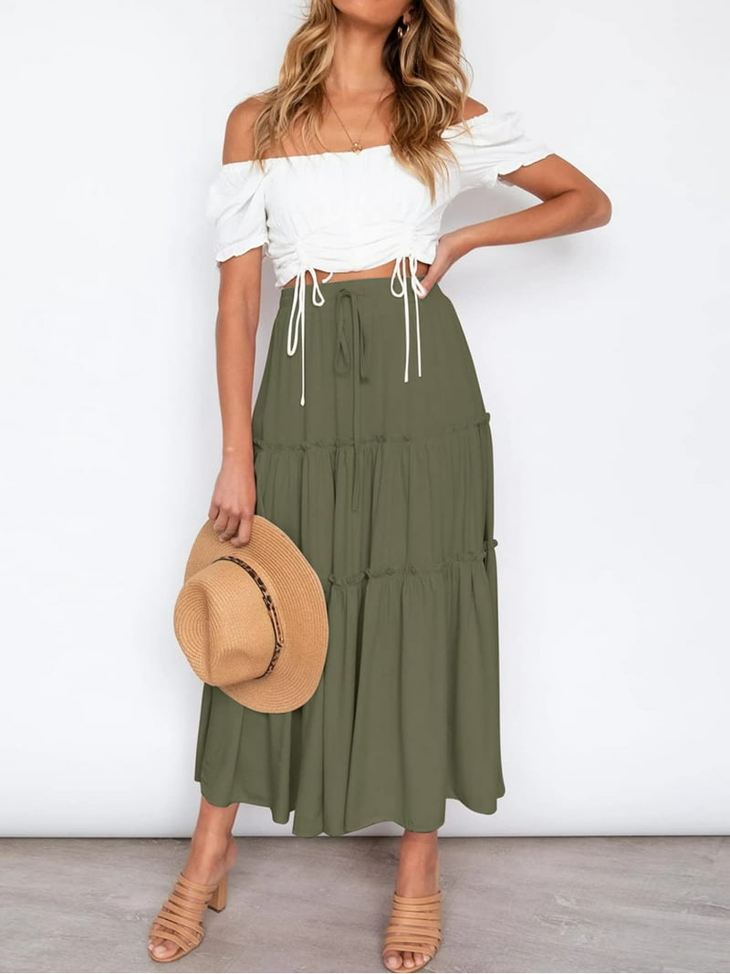 YUSE★WASHING SWEAT MIDI SKIRT &TOPS セット Oussum Women Casual Midi Skirt High Waist Pleated A-Line