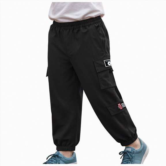 CAICJ98 Cargo Pants for Boys Children's Spring and Summer Solid Color Pocket Casual Sports Ankle Bound Work Pants Full Length Boy Joggers (Black,6-7 Years)