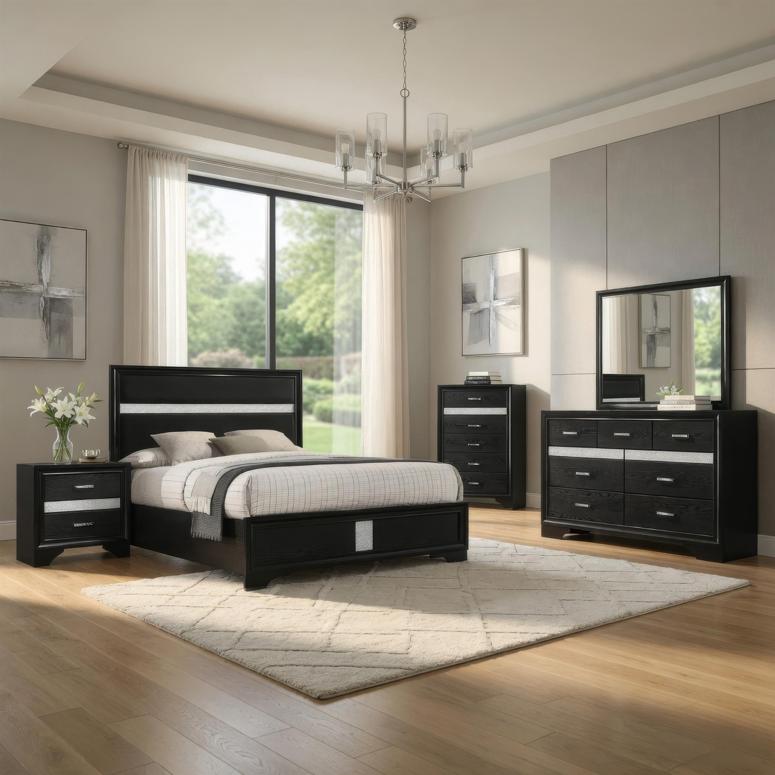 Vino Black 5pc California King Bed Set with Dressers-Glitter Accent