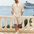 thumbnail image 2 of Men's 2 Piece Linen Set Loose Fit Casual Half Sleeve V Neck Shirt & Shorts Summer Beach Vacation Outfits Khaki, 2 of 6