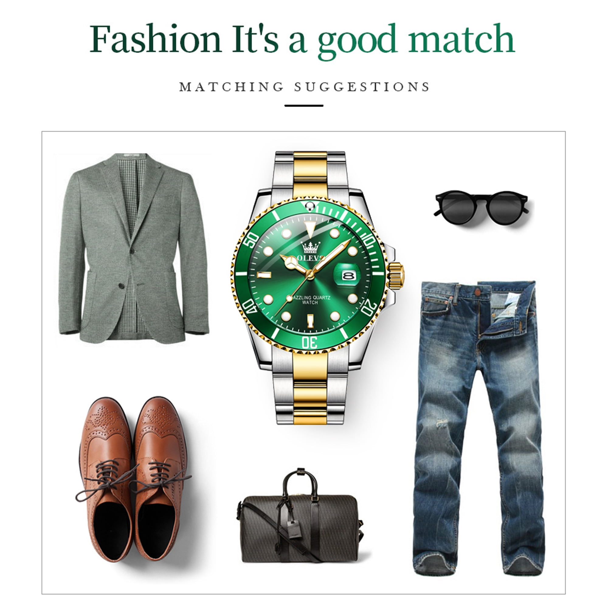 OLEVS Watches for Men Luxury Classic Dress Analog Quartz Fashion Two Tone Gold Plated Stainless Steel Date Waterproof Luminous Mens Wrist Watches Reloj Para Hombre Green/Black/Blue