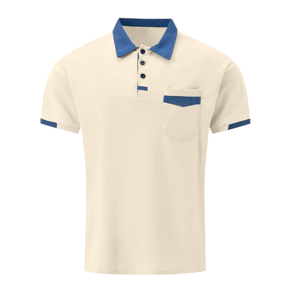 Men's Polo T Shirts Short Sleeve Button Tee Shirts Lightweight Beige Dress Shirts for Man