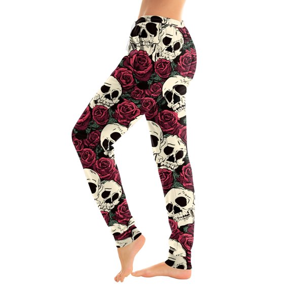 WULMLEO Women Soft Halloween Gothic Loungewear Jogger Pants, Skull Rose Floral Print, Adjustable Drawstring Elastic Waist Cuffed Ankle Casual Sleep Pajama Trousers Multicolor M