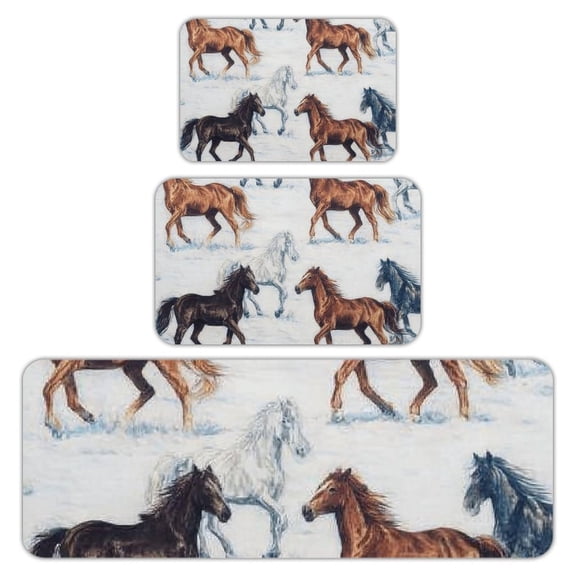 RKSupls Kitchen Rug Set 3 Piece Anti-Slip Flannel Floor Mats, Horses Running Washable Absorbent Runner Mats for Kitchen Bathroom Home Decor