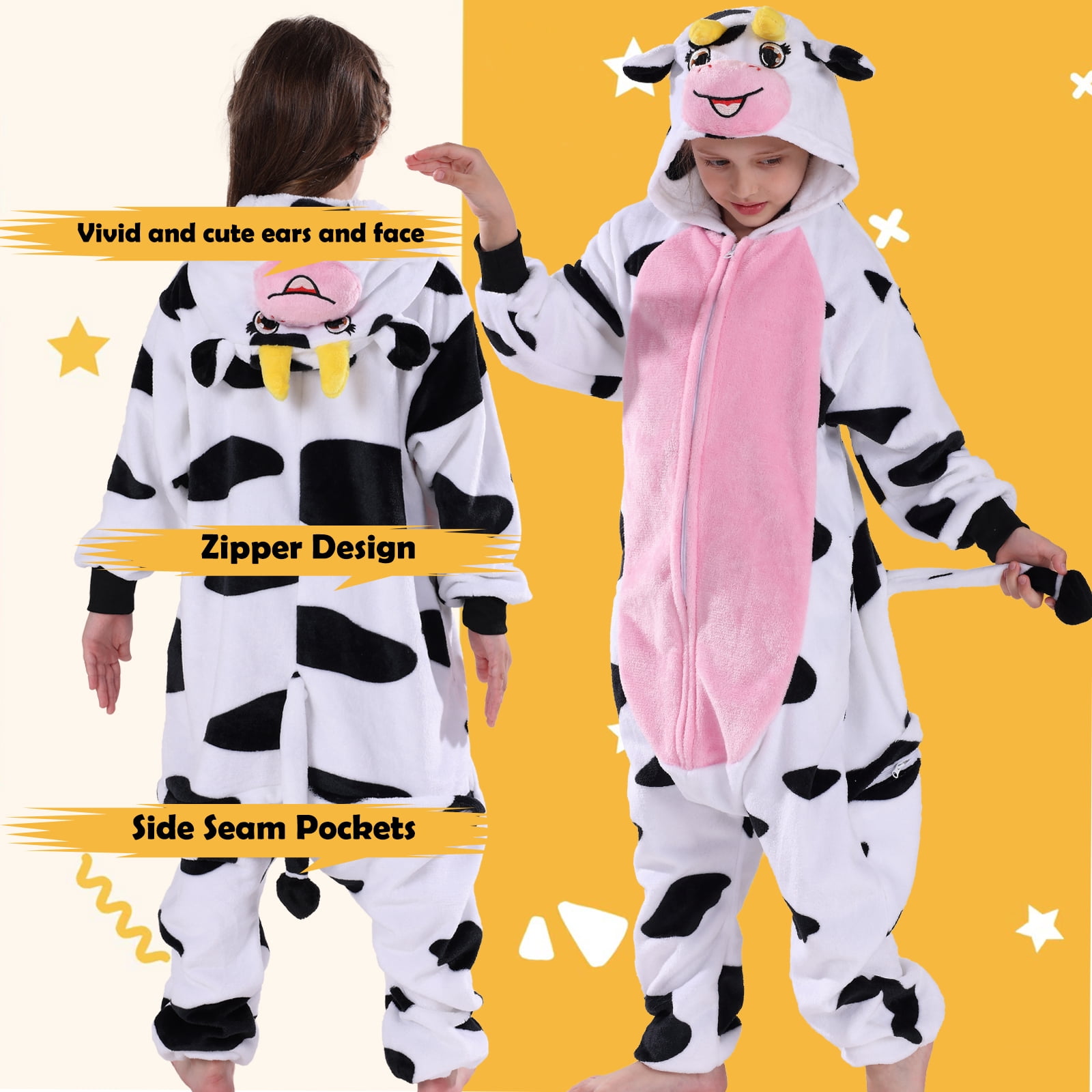 SWEETXIN Kids Cow Onesie Pajamas Halloween Plush Costume Sleepwear Christmas Gift for Girls Boys Jumpsuit 8Years