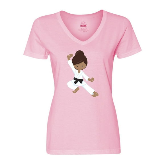 Inktastic African American Girl, Black Belt, Karate Pose Women's V-Neck T-Shirt