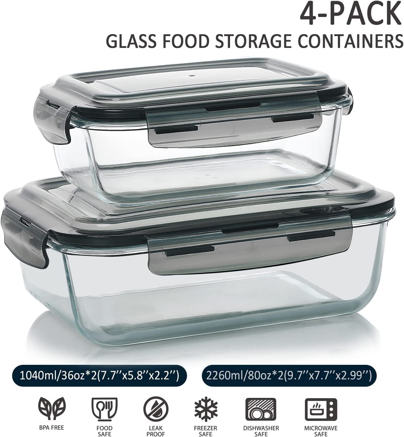 Glass Food Storage Containers Set, Large Size Glass Containers with Lids,  BPA-free Locking lids, 100% Leak Proof Glass Meal Prep Containers, Freezer  to Oven Safe (4 Pack of 80oz, 52oz, 35oz, 21oz) 