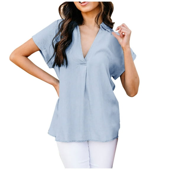 Womens Summer Cotton Linen Tops Short Sleeve V-Neck Solid Blouses T Shirts Ruched Casual Comfy Basic Tunic Tee Tops