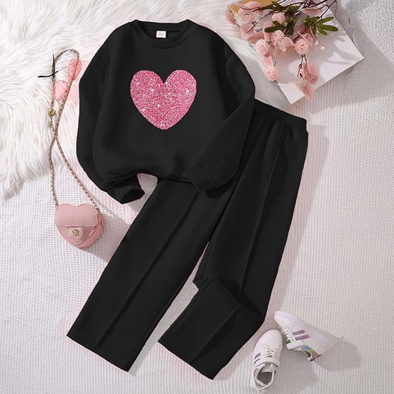 Angala 2 Piece Outfits For Girls Crew Neck Long Sleeve Love Heart Print Fleece Tracksuit With Wide Leg Pants Set Girls Fall Season Wear Clothes
