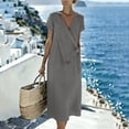 thumbnail image 7 of Gamivast Dresses for Women Linen Wrap V Neck Short Sleeve Midi Dress Tie Waist Flowy Sundress Casual Dress Beach Dress Vacation Dress Summer Gray XXL, 7 of 7